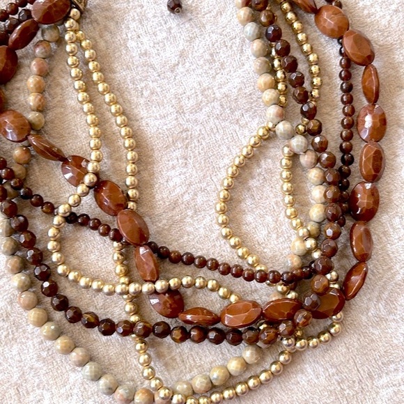 Multi-Strand Beaded Brown & Gold Tone Beaded Statement Necklace Adjustable - Picture 7 of 15